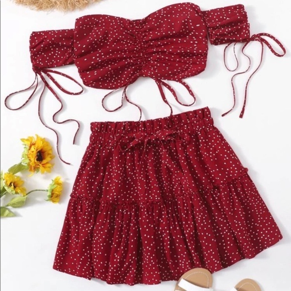 Two piece red paisley skirt set